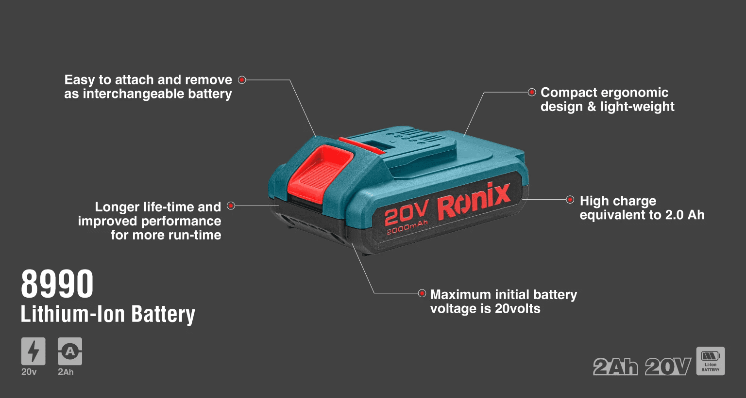 باتری لیتیوم یون 20 ولت 2 آمپرساعت سری براش لس 8990 رونیکس