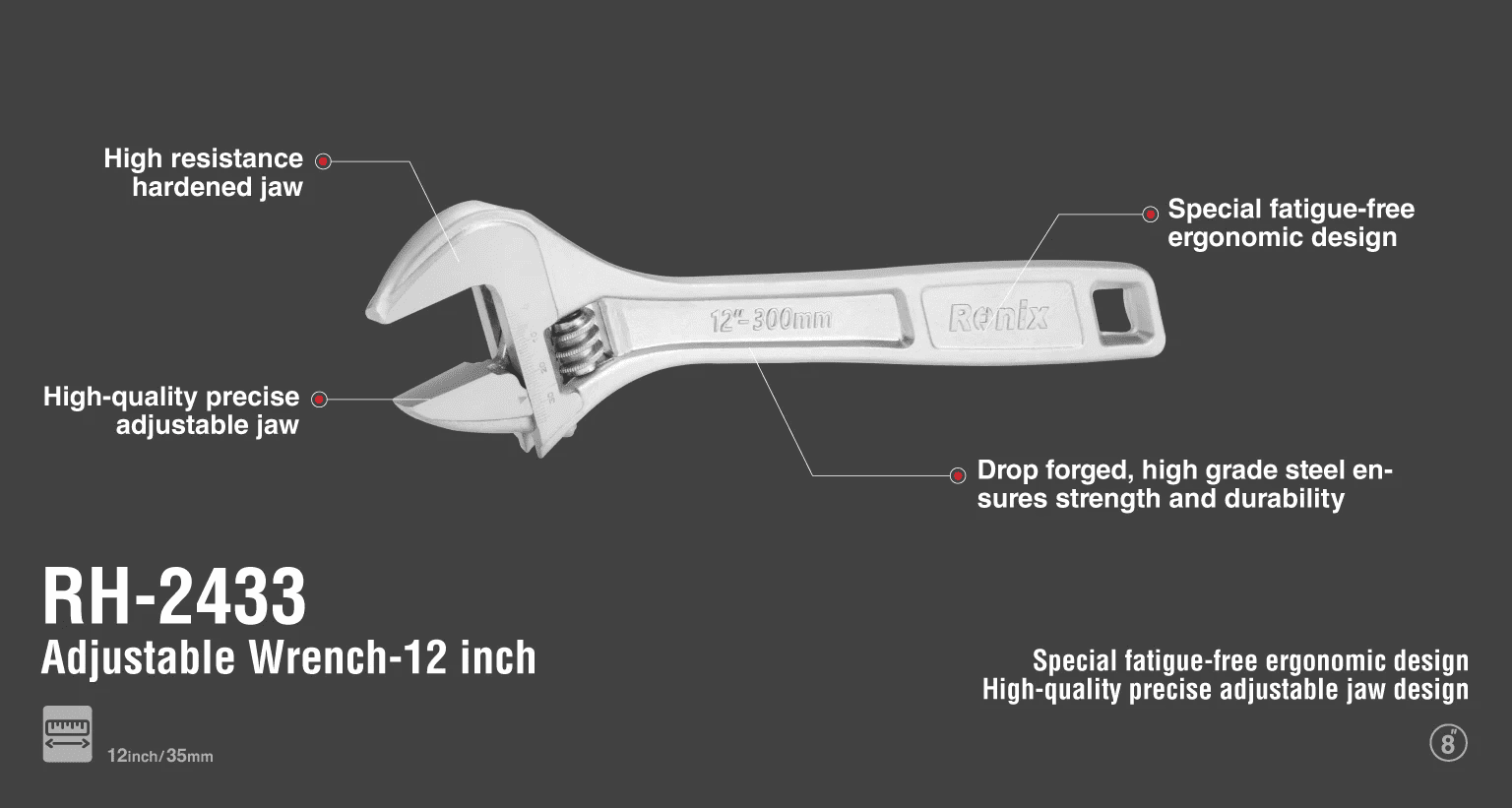 آچار فرانسه 12 اینچ مدل کروم RH-2433 رونیکس